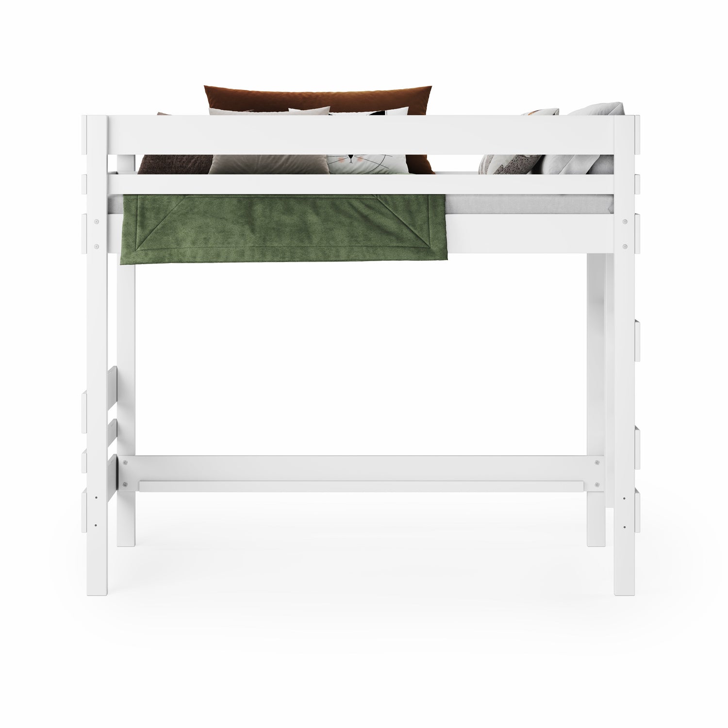 White mid height high bed with slatted safety rails and ladder slots on solid frame.