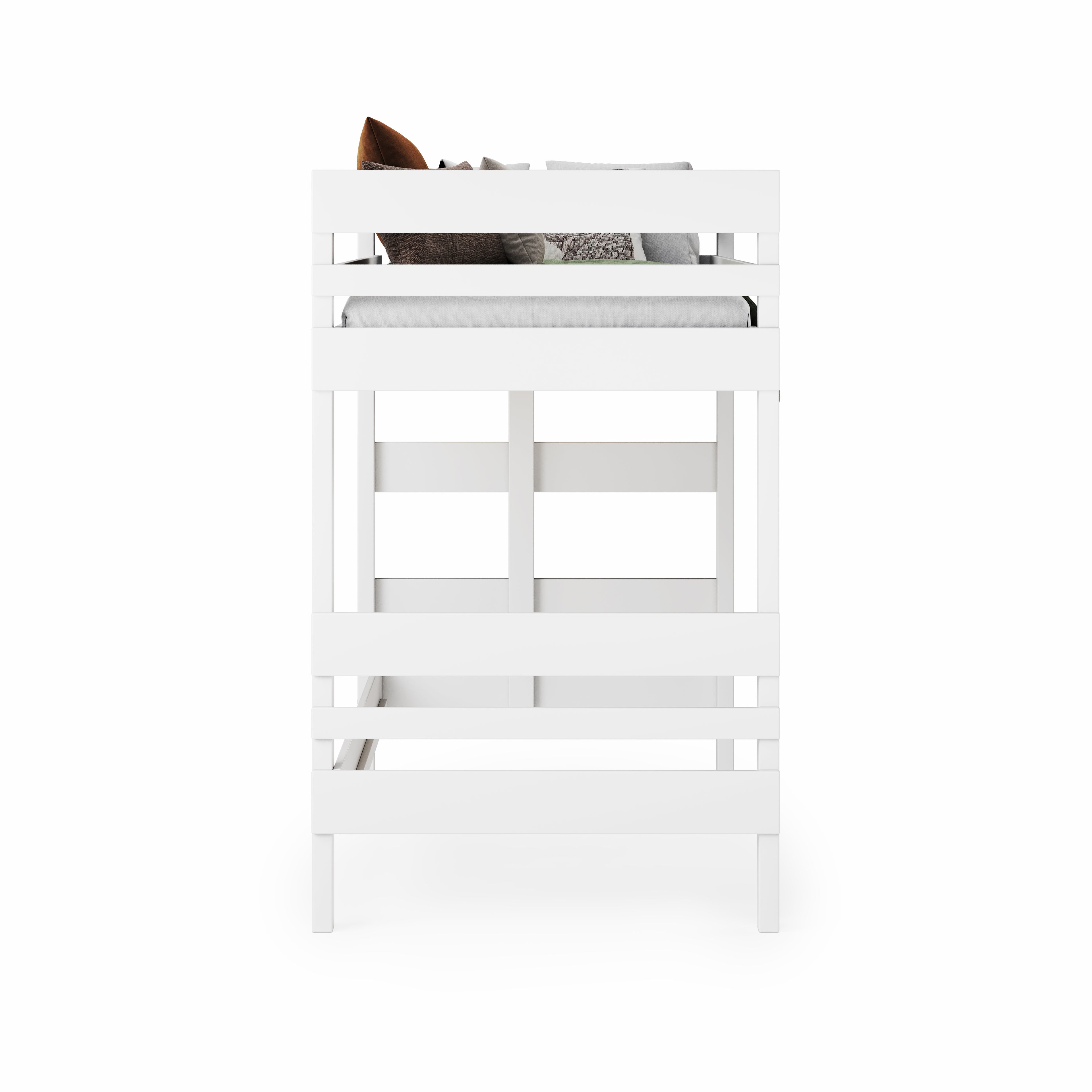 White mid height high bed frame in single size with safety rails and ladder on side.