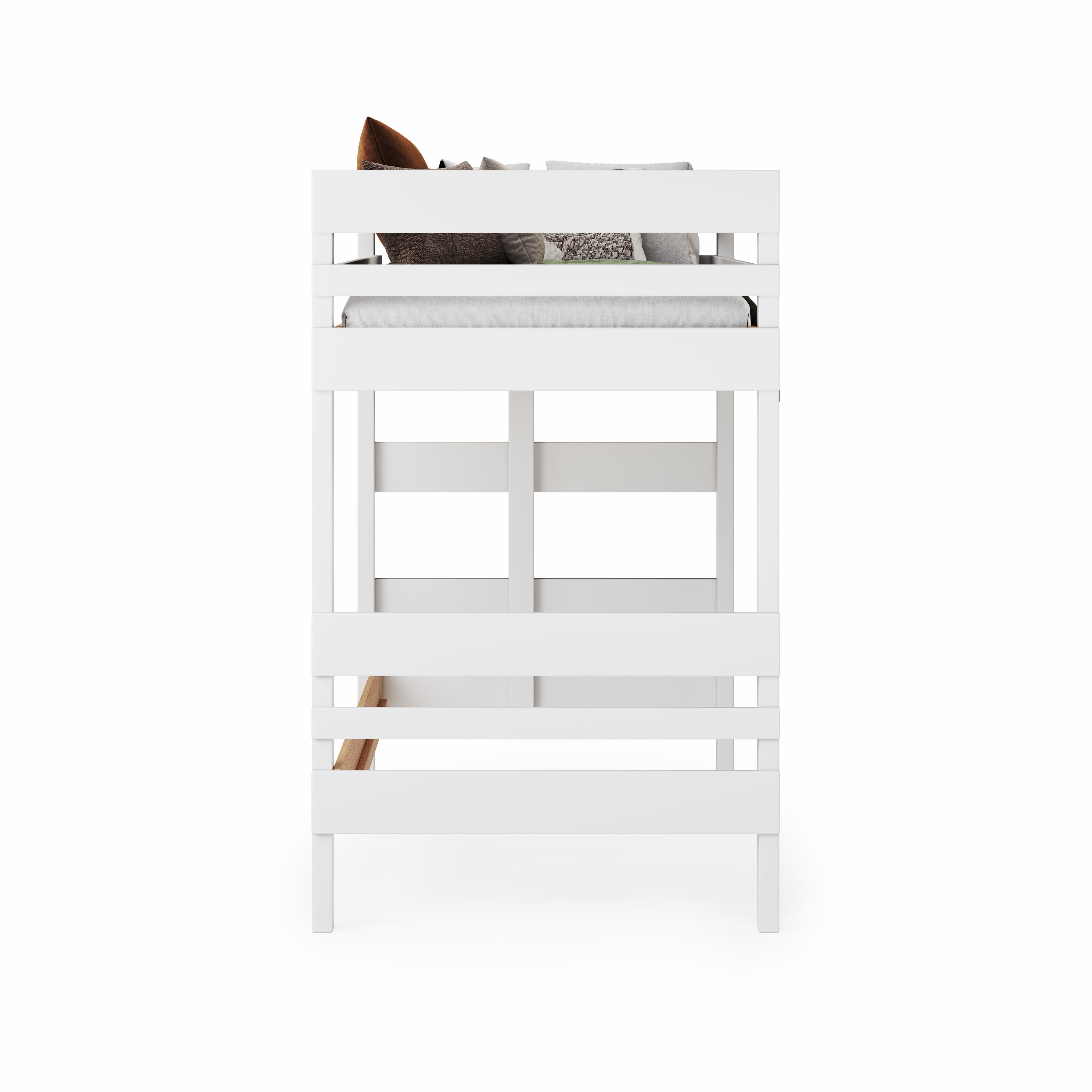White mid height high bed with horizontal slatted guardrails and sturdy square legs.