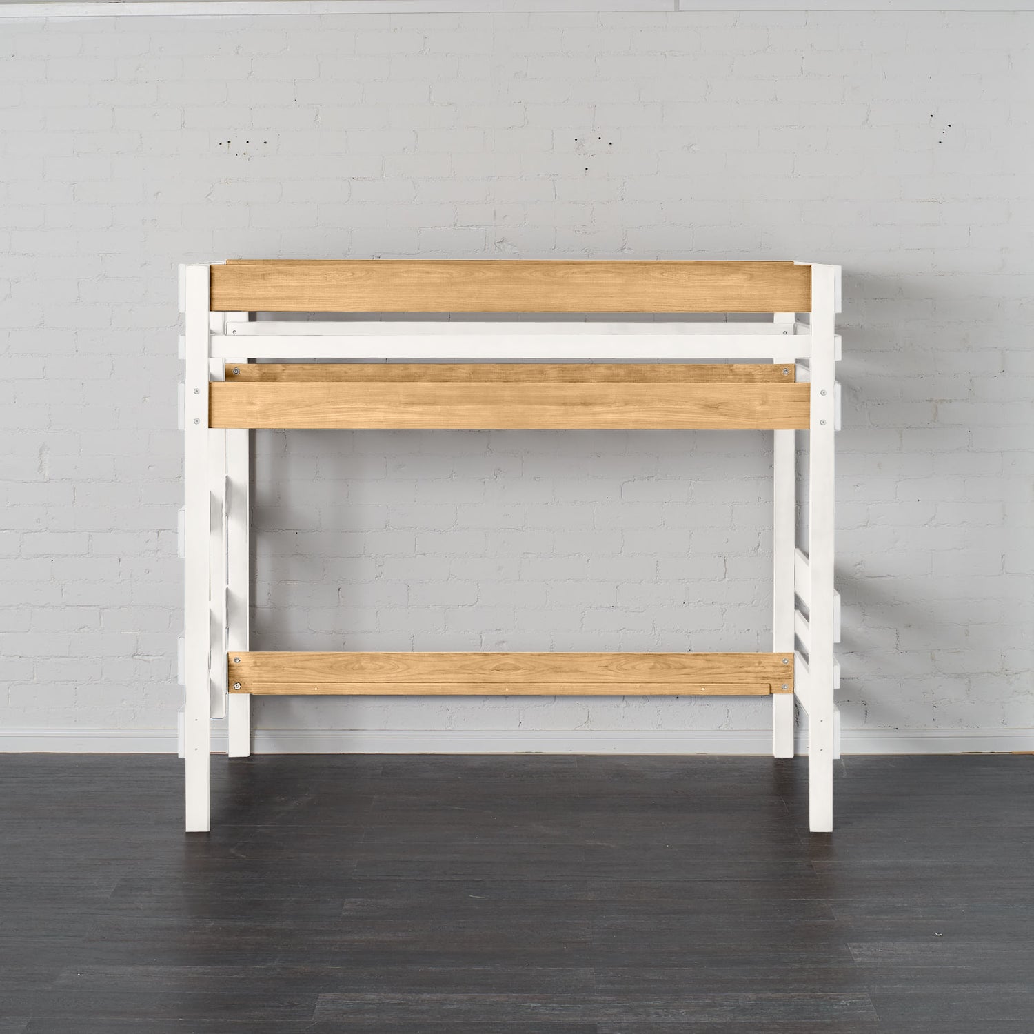 Mid height high bed frame in native elm and white with safety rails and ladder.