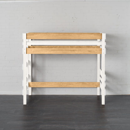 Mid height high bed frame in native elm and white with safety rails and ladder.