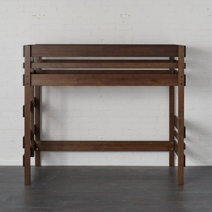 Front on view mid height loft bed pictured in Elm stain. High Bed.
