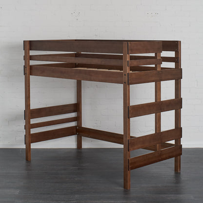 Mid height high bed in native elm wood with slatted guardrails and ladder.