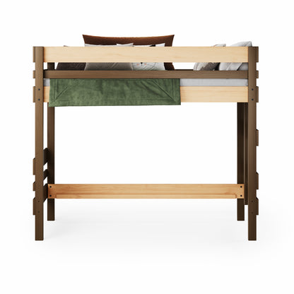 Mid height high bed in native elm wood with safety rails and under-bed clearance.