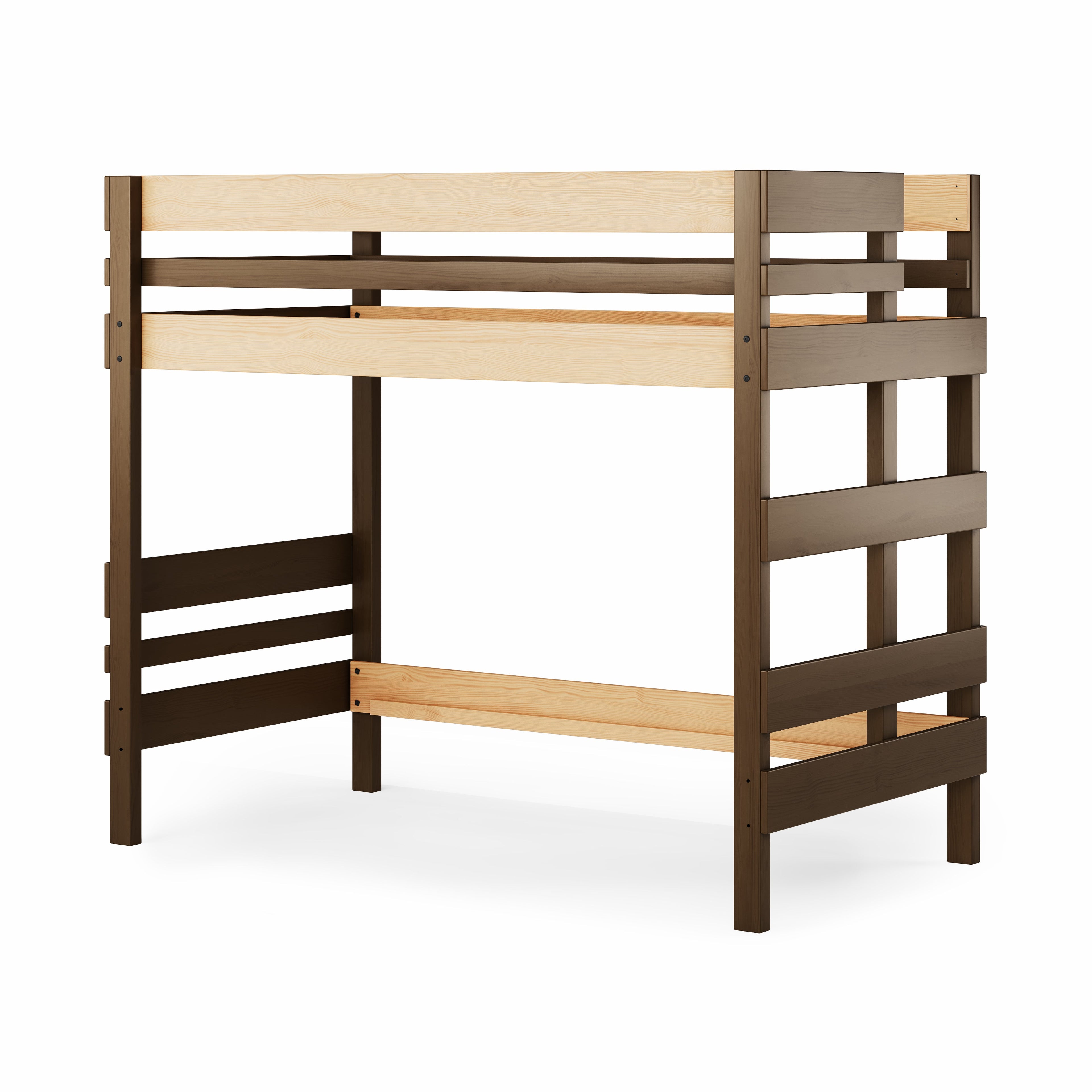 Native elm mid height high bed with ladder and slatted guardrails, single size.