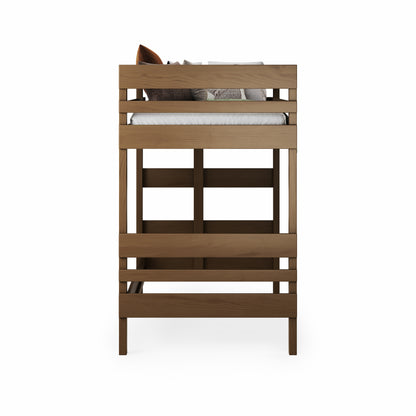 Native elm mid height high bed in single size with sturdy slatted guardrails and frame.