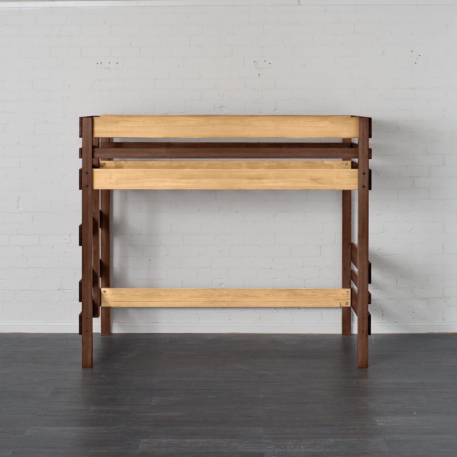 Mid height high bed frame with native elm and dark wood accents, sturdy and minimalist design.
