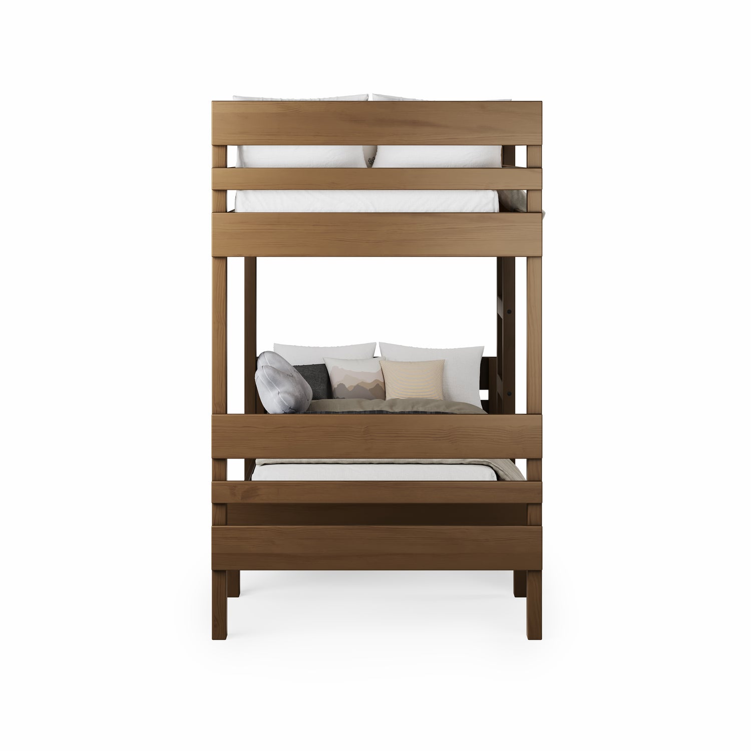 Native elm long-wall bunk bed with king single size upper and lower beds and clean slatted design.