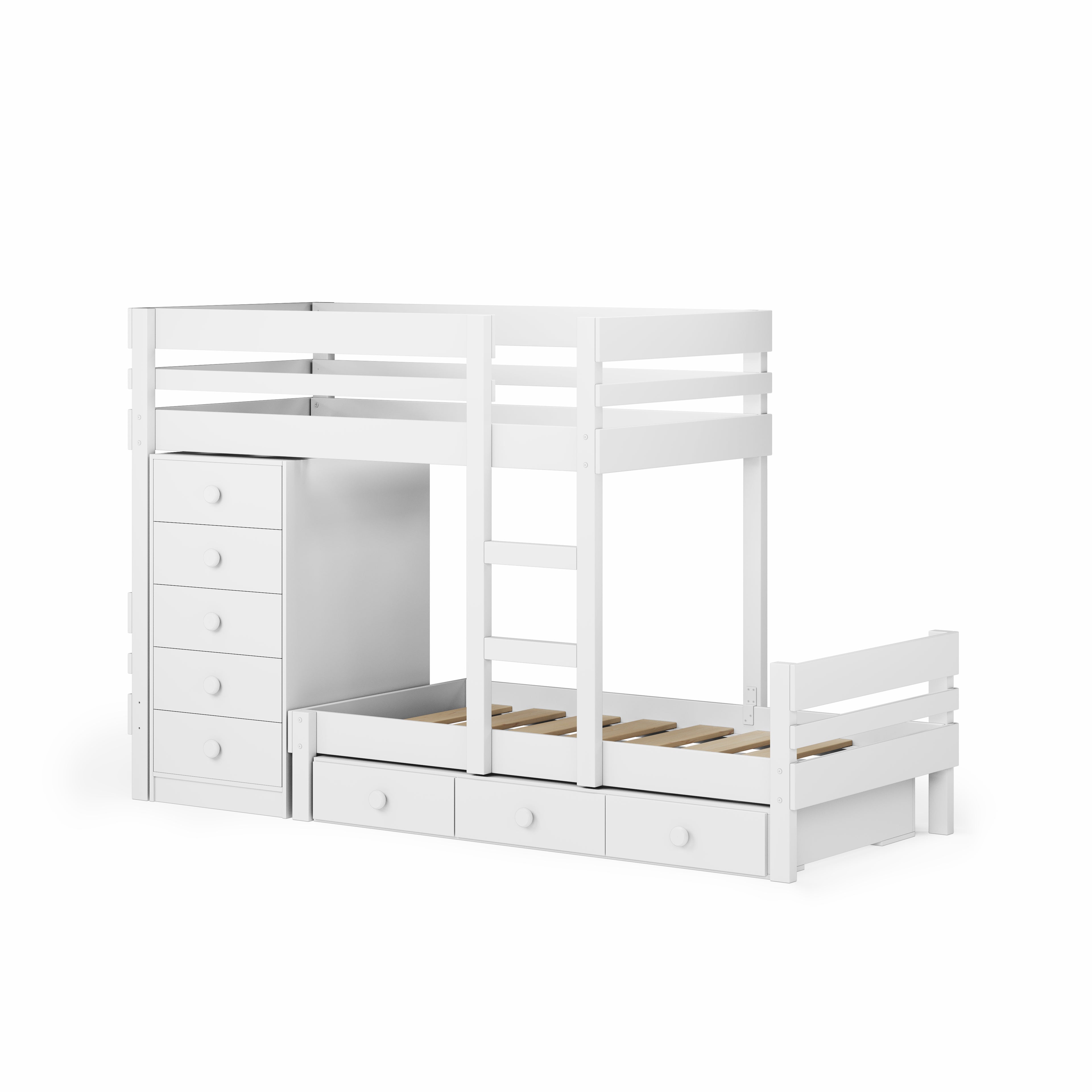 White mid-line long-wall bunk bed with ladder, chest of drawers, and under bed storage drawers.