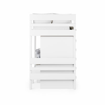 White mid-line long-wall bunk bed with protective side rails and slatted base.