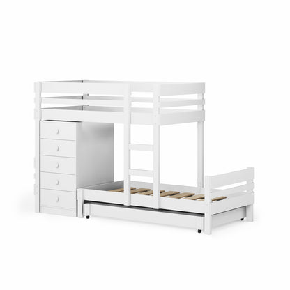 White mid-line long-wall bunk bed with upper single bed, lower pull-out trundle, and integrated chest of drawers.