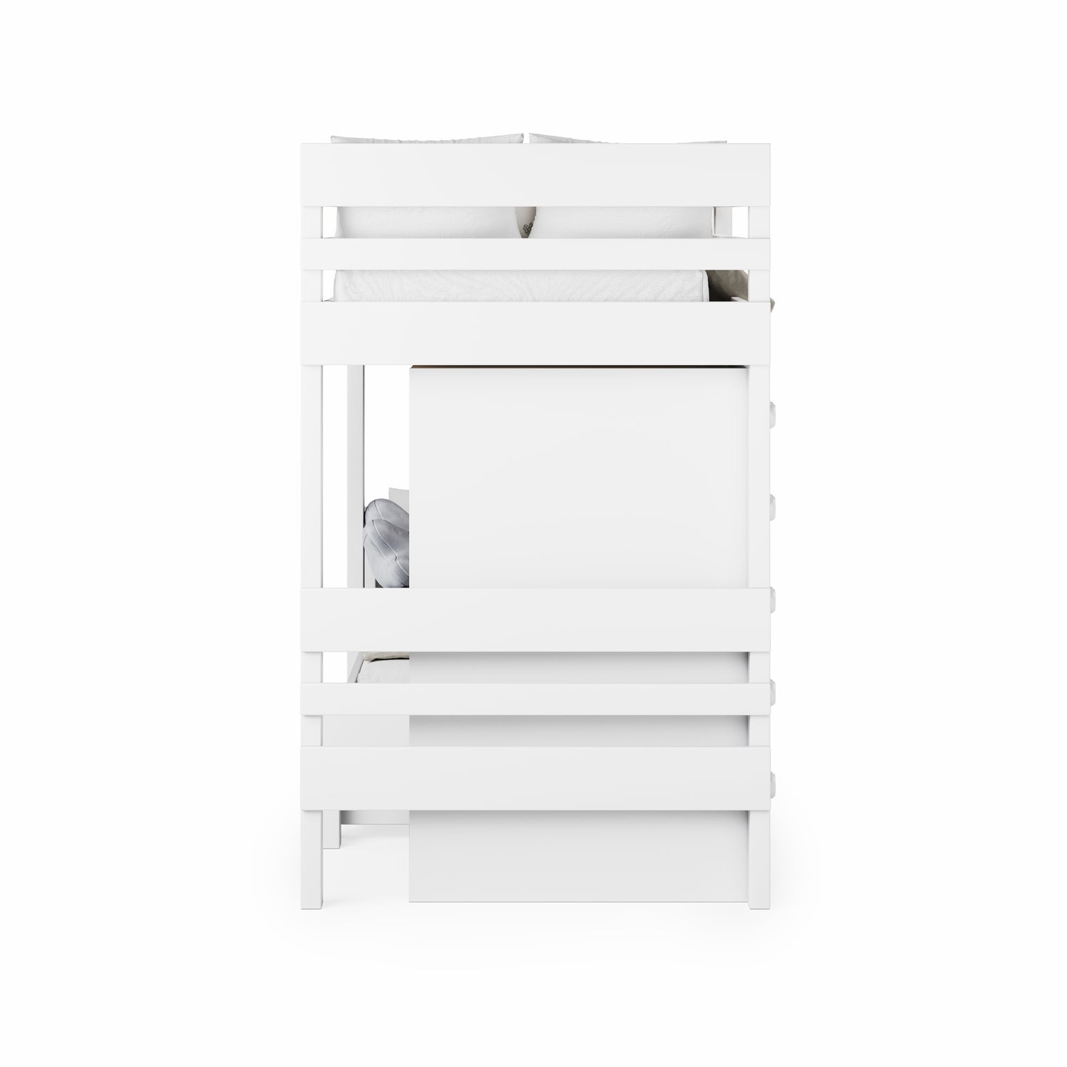 White mid-line long-wall bunk bed with guardrails and ladder, clean modern design.