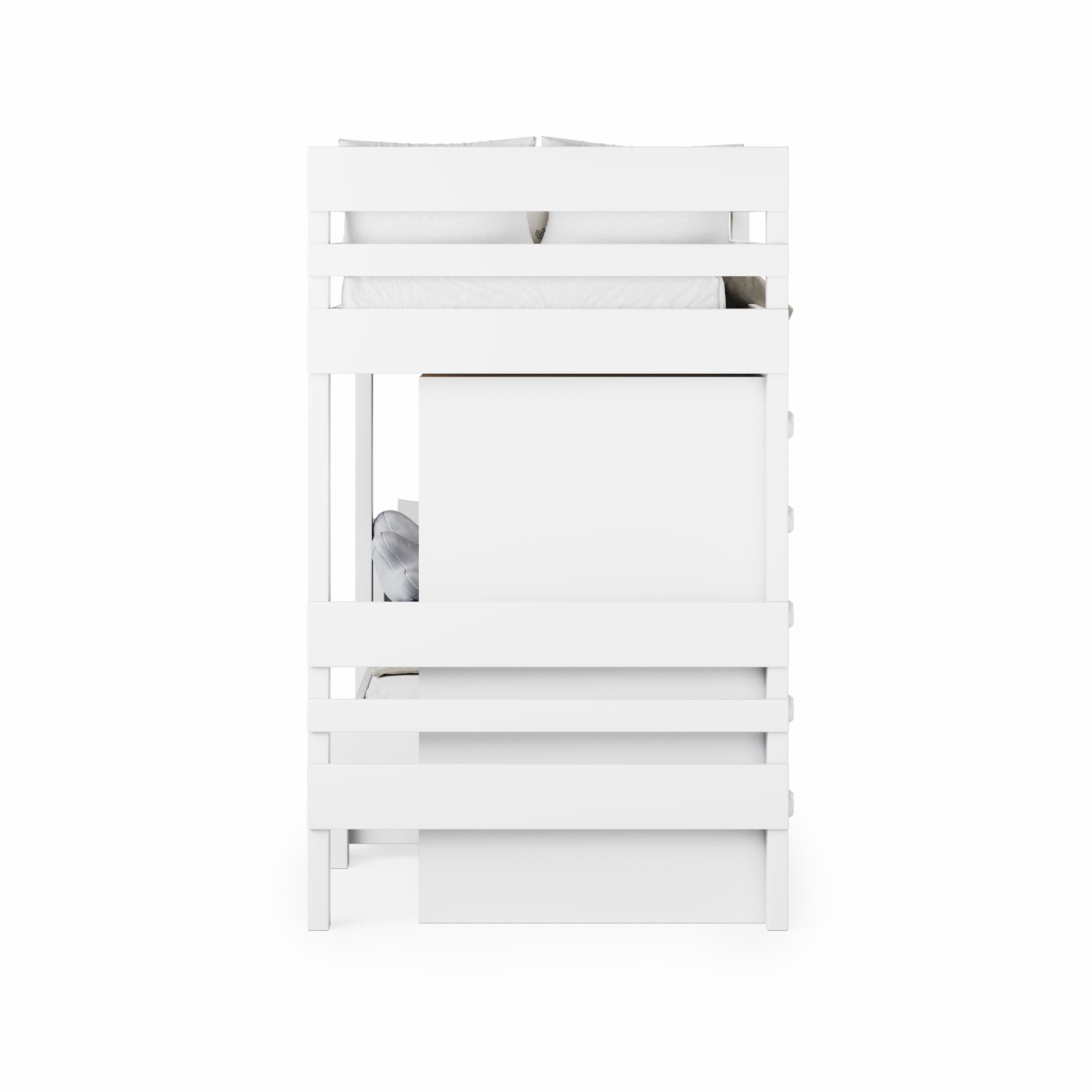 White mid-line long-wall bunk bed with guardrails and ladder, clean modern design.