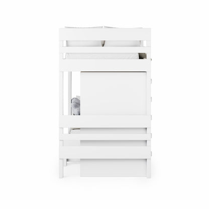 White mid-line long-wall bunk bed with guardrails and ladder, clean modern design.