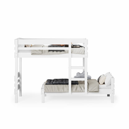White mid-line long-wall bunk bed with guardrails and ladder, single over single configuration.