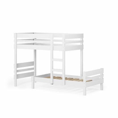 White mid-line long-wall bunk bed with guardrails and ladder, single size on both levels.