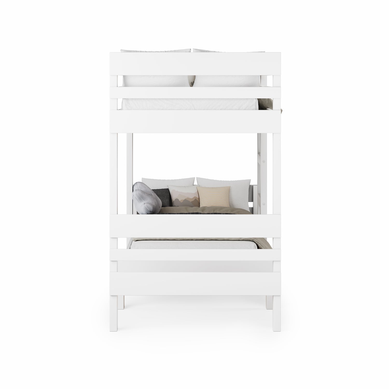 White wooden long-wall bunk bed with safety rails and ladder, minimalist design.
