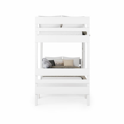 White wooden long-wall bunk bed with safety rails and ladder, minimalist design.