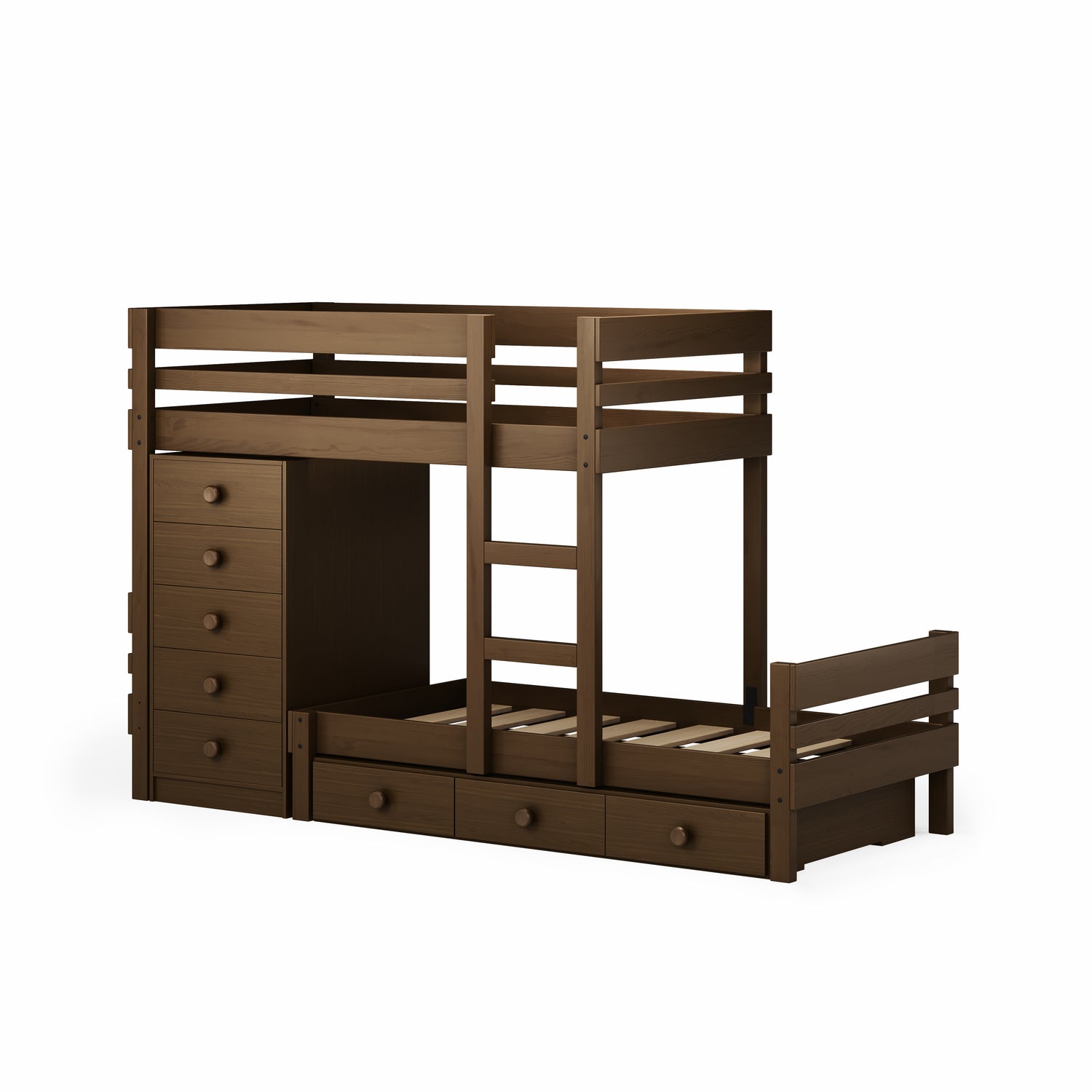 Dark native elm long-wall bunk bed with upper bed, lower bed, ladder, chest of drawers, and under-bed drawers.
