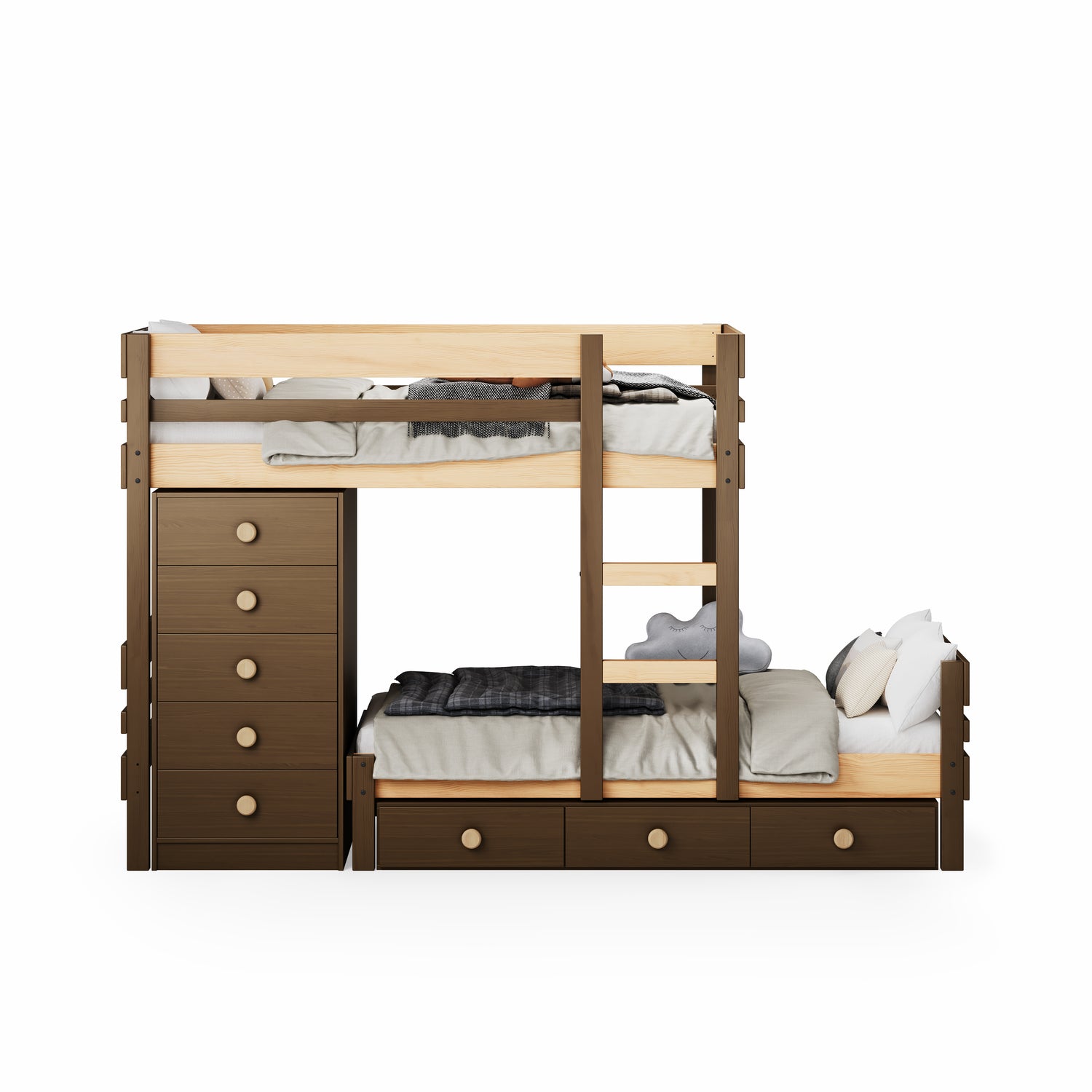 Native elm long-wall bunk bed with king single upper bed, lower bed, tall chest, and under-bed drawers with chest.