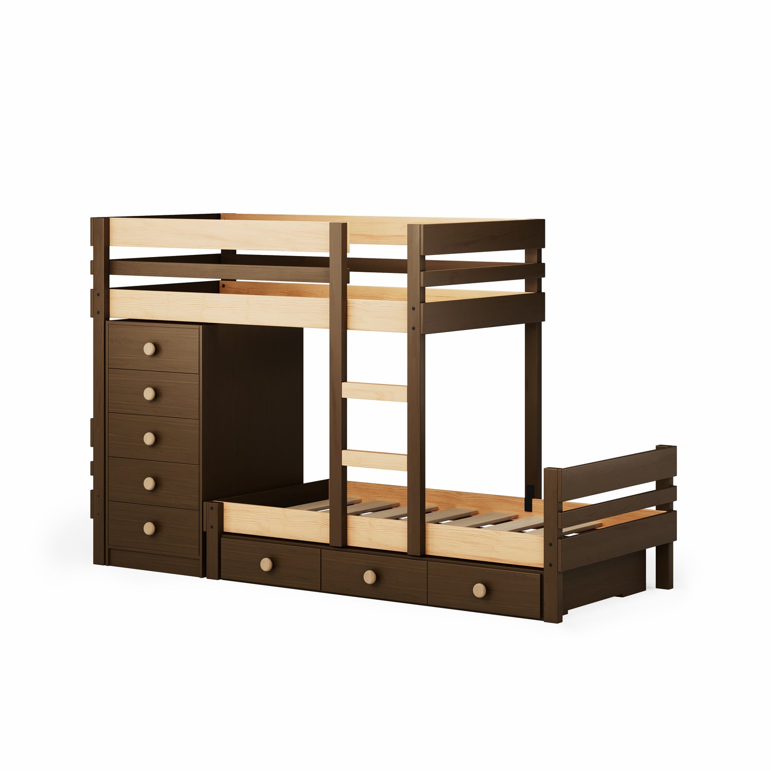 Native elm long-wall bunk bed with integrated chest of drawers and under-bed storage drawers in dark brown finish.