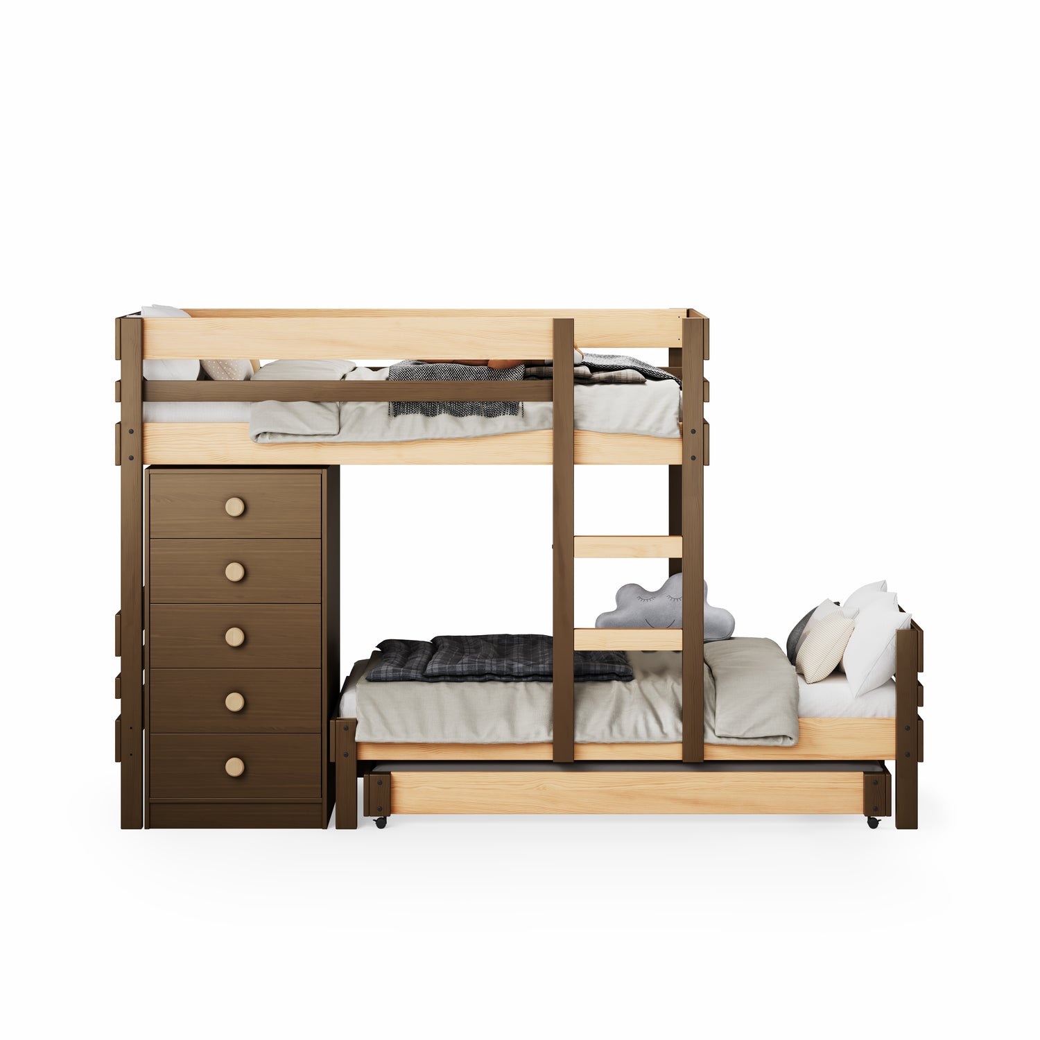 Native elm long-wall bunk bed with built-in chest of drawers and ladder, modern design.