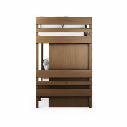 Native Elm long-wall bunk bed with solid slatted guard rails and ladder on side.