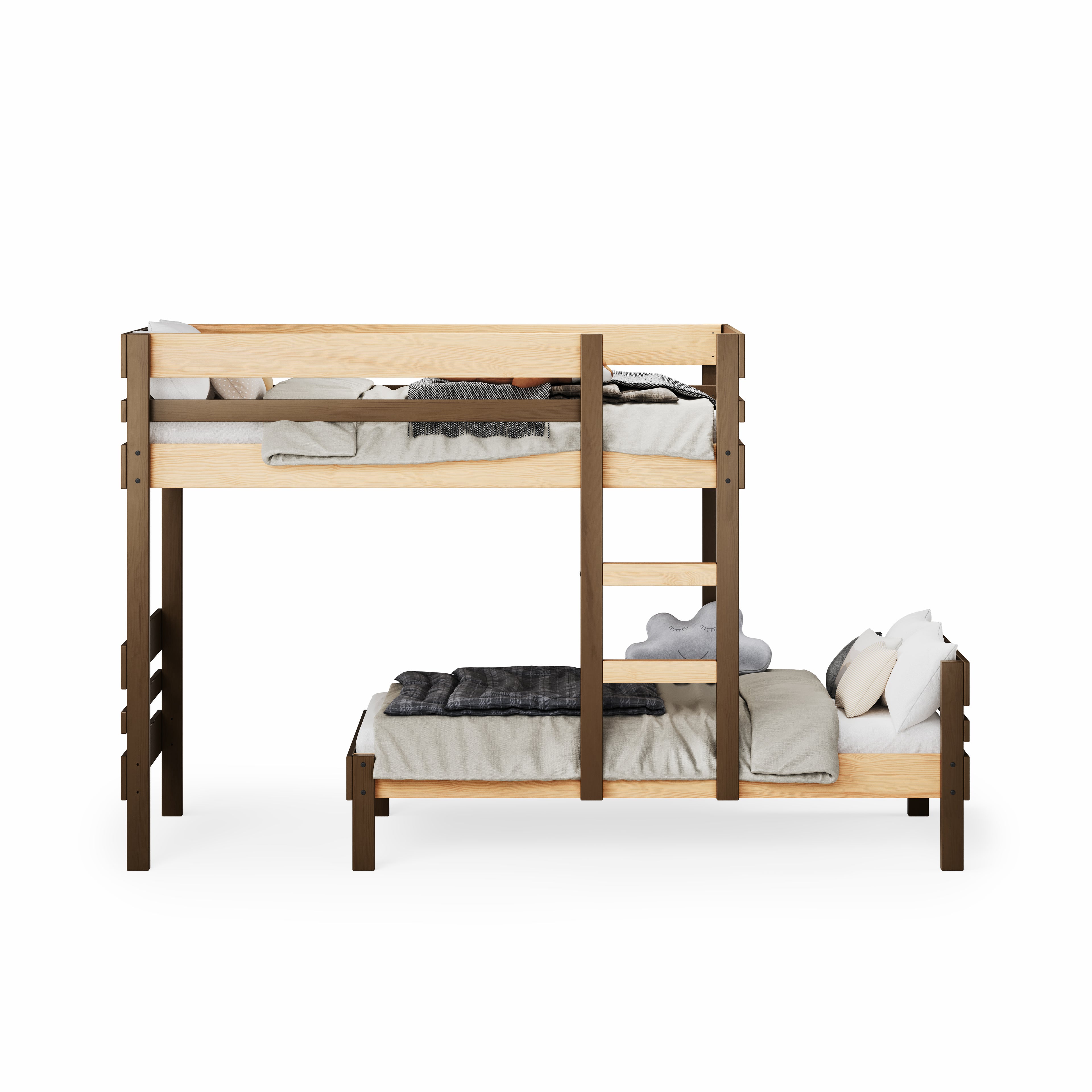 Native Elm long-wall bunk bed with ladder, single top and king single bottom bed frames.