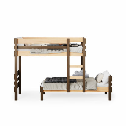 Native Elm long-wall bunk bed with ladder, single top and king single bottom bed frames.
