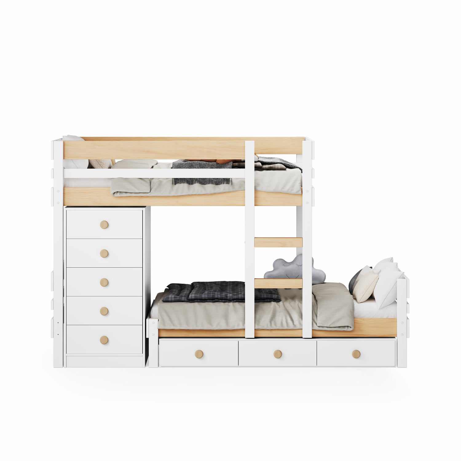 White mid-line long-wall bunk bed with built-in ladder, six-drawer chest, and under-bed storage drawers.