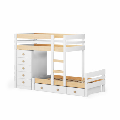 White wooden mid-line long-wall bunk bed with lower daybed, drawers beneath, and upper guardrails.