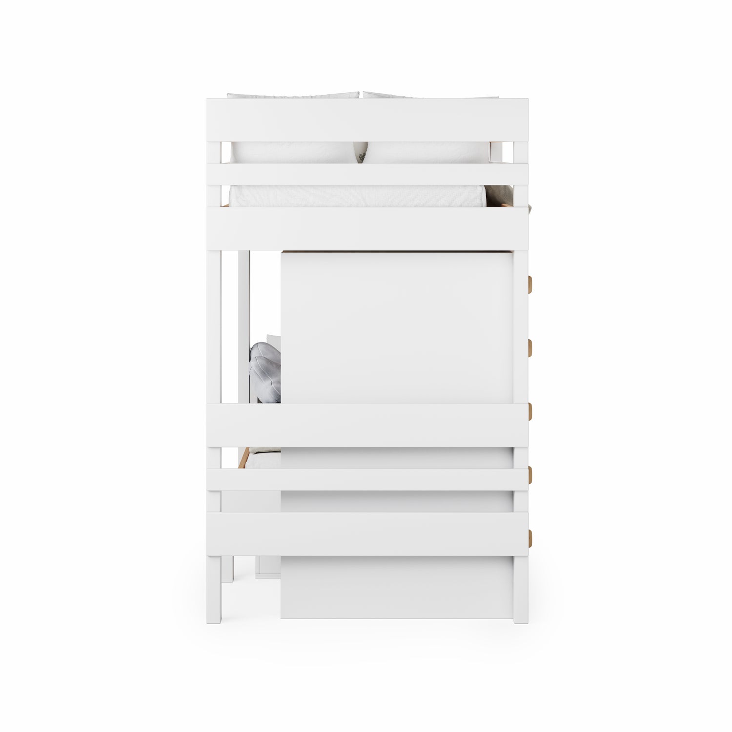 White solid wood long-wall bunk bed with safety rails and slatted base, side view.
