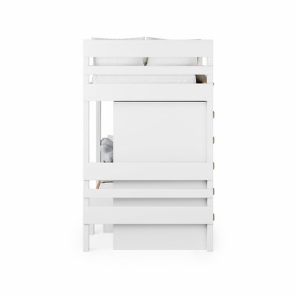 White solid wood long-wall bunk bed with safety rails and slatted base, side view.