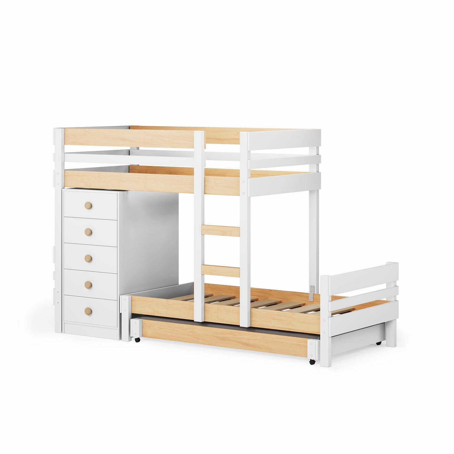 White mid-line long-wall bunk bed with upper single bed, lower pull-out bed, and built-in chest of drawers.