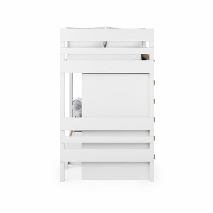 White wooden long-wall bunk bed in a mid-line design with horizontal slats on guardrails and base panel.