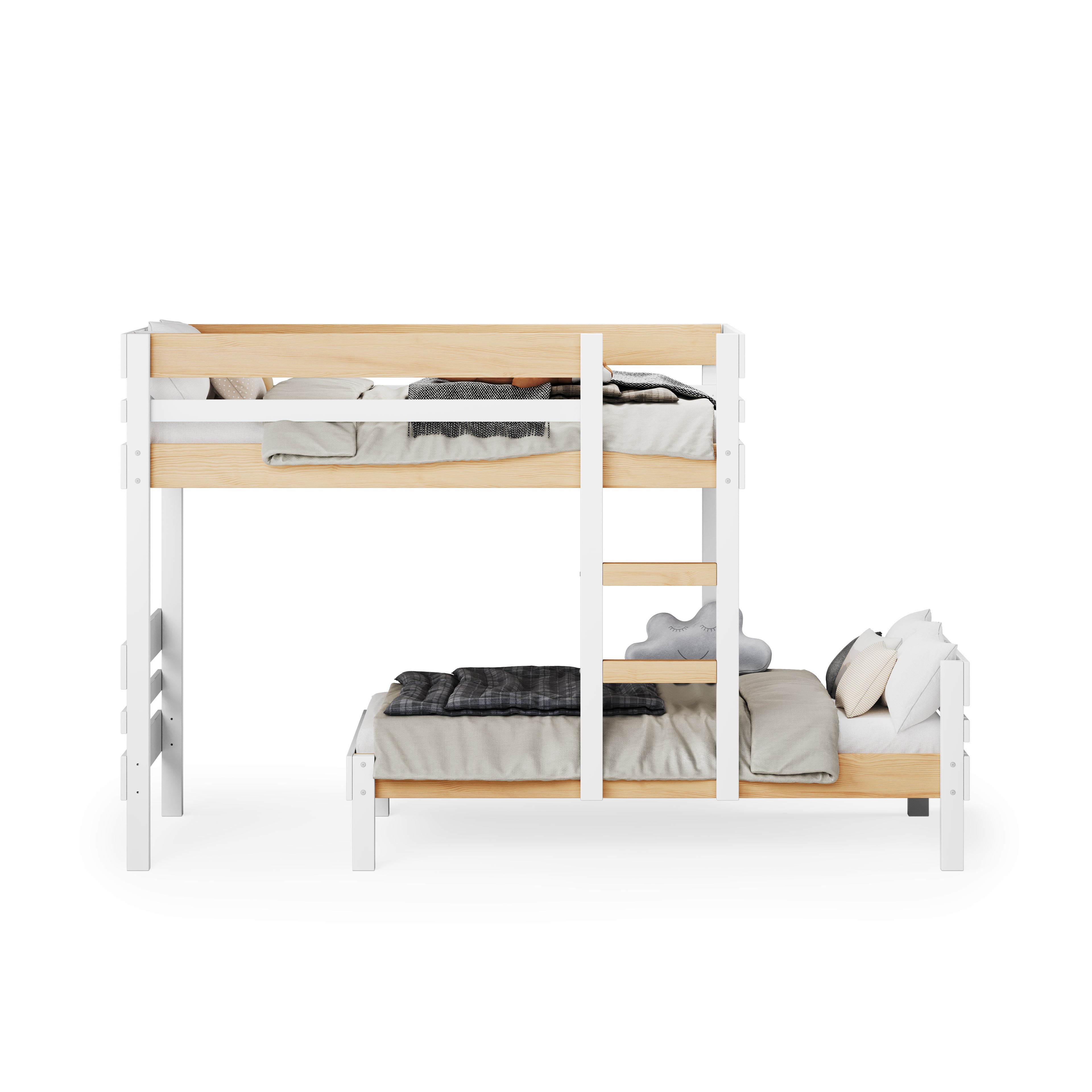 White mid-line long-wall bunk bed with single beds, ladder, and slatted guardrails.
