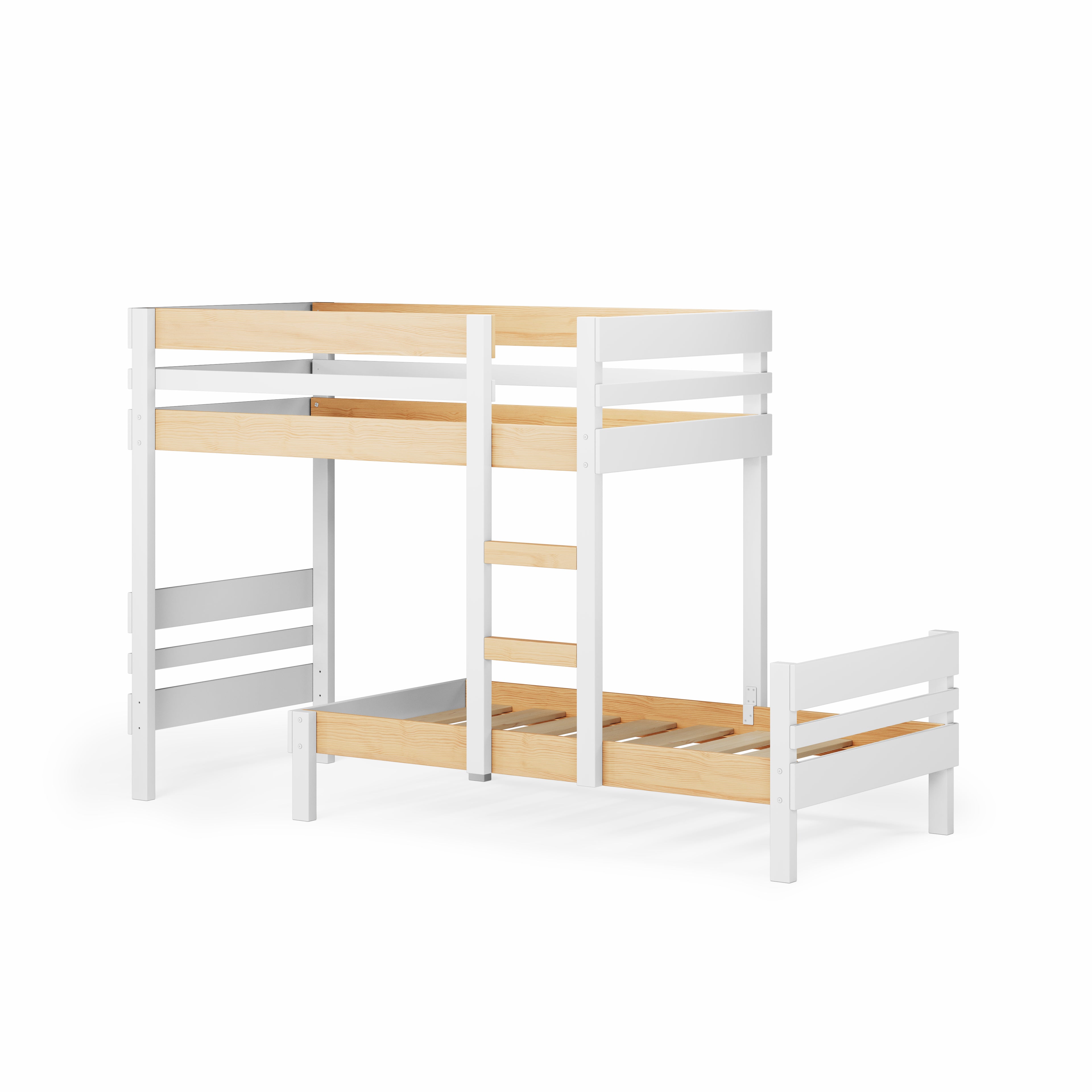 White wooden mid-line long-wall bunk bed with guardrails and ladder.