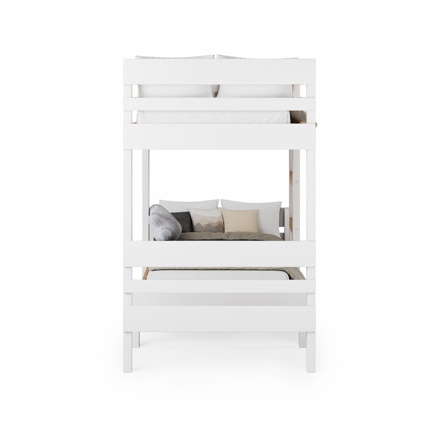 White mid-line long-wall bunk bed with clean lines and white mattress pads.