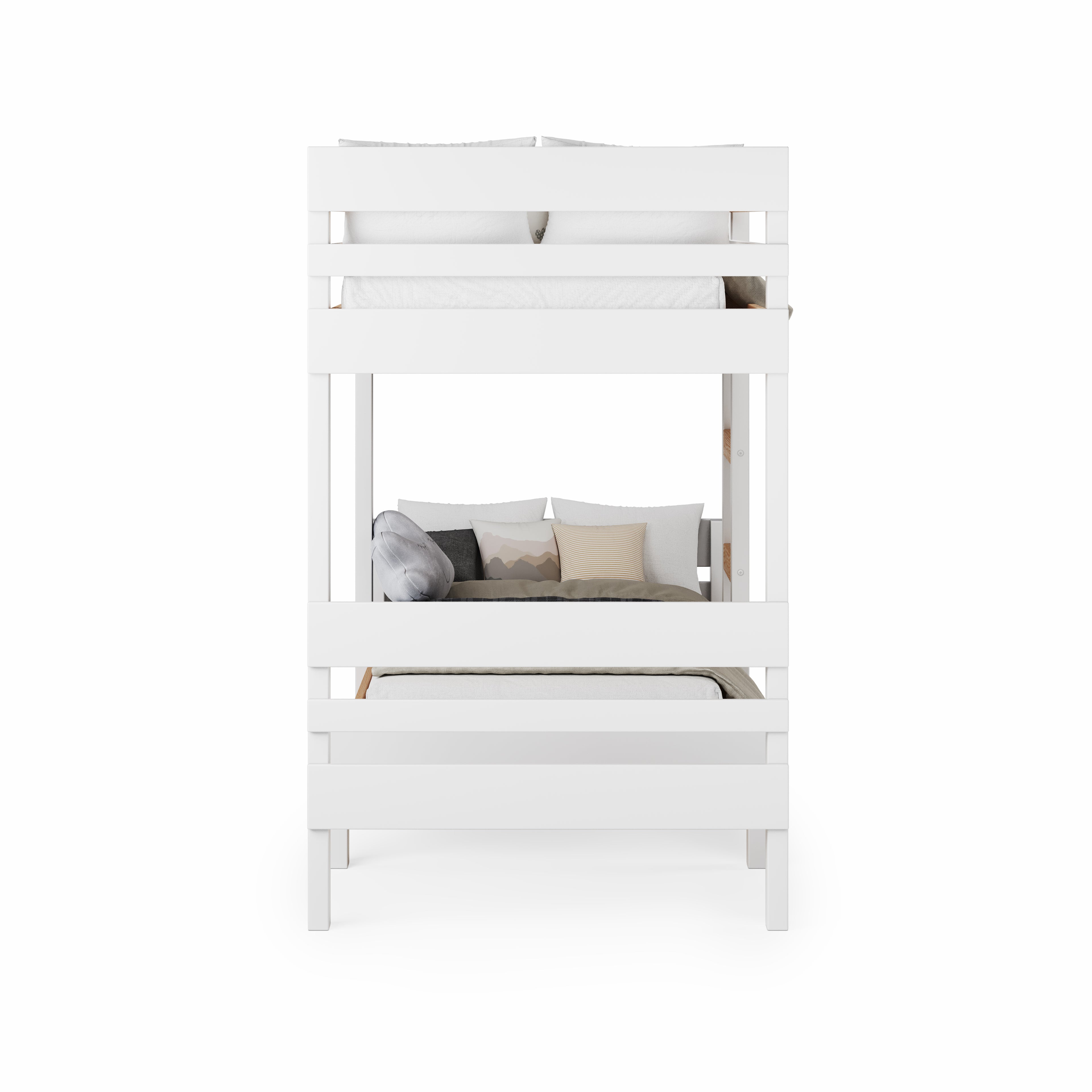 White mid-line long-wall bunk bed with clean lines and white mattress pads.