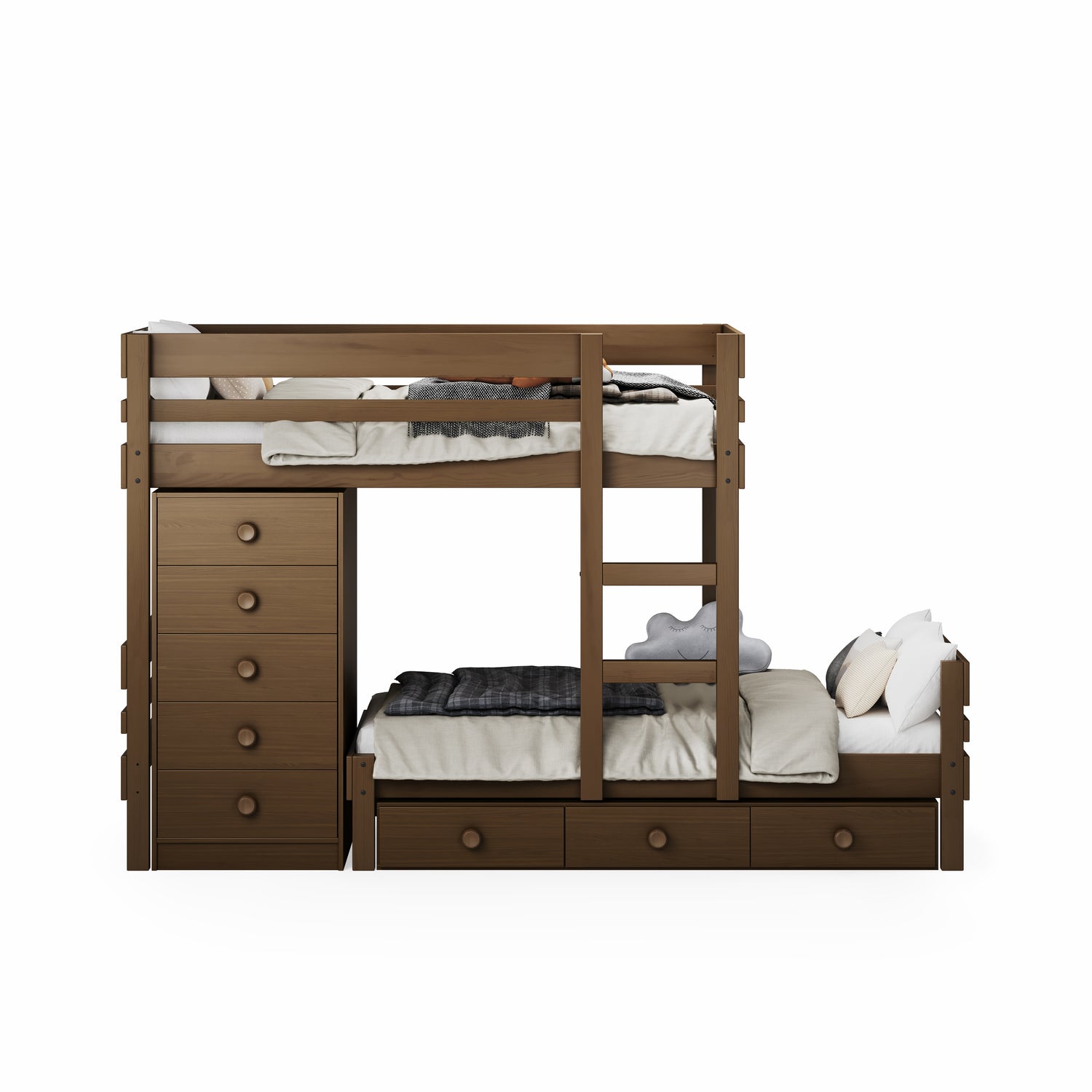 Native elm mid-line long-wall bunk bed with built-in chest drawers and lower bed storage drawers.