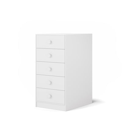 White chest of five drawers with simple round knobs, part of long-wall bunk bed set.
