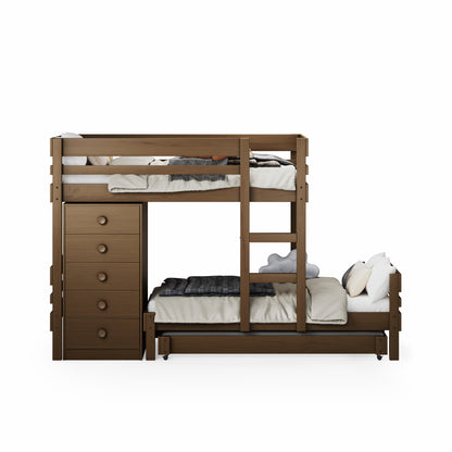 Native Elm long-wall bunk bed with ladder, integrated six-drawer chest, and single trundle drawer below lower bed.