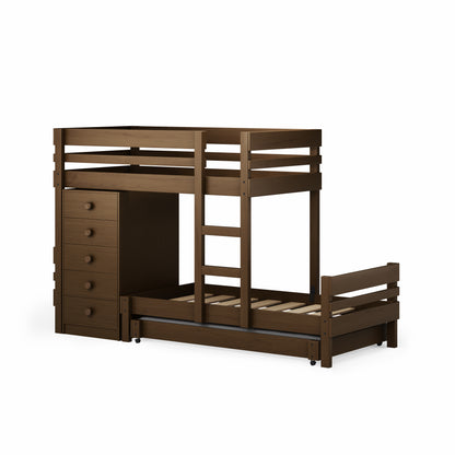 Native Elm mid-line long-wall bunk bed with ladder and built-in chest of drawers under upper bunk.