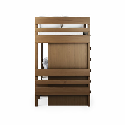 Native elm long-wall bunk bed with clean lines and sturdy slats, viewed from side.