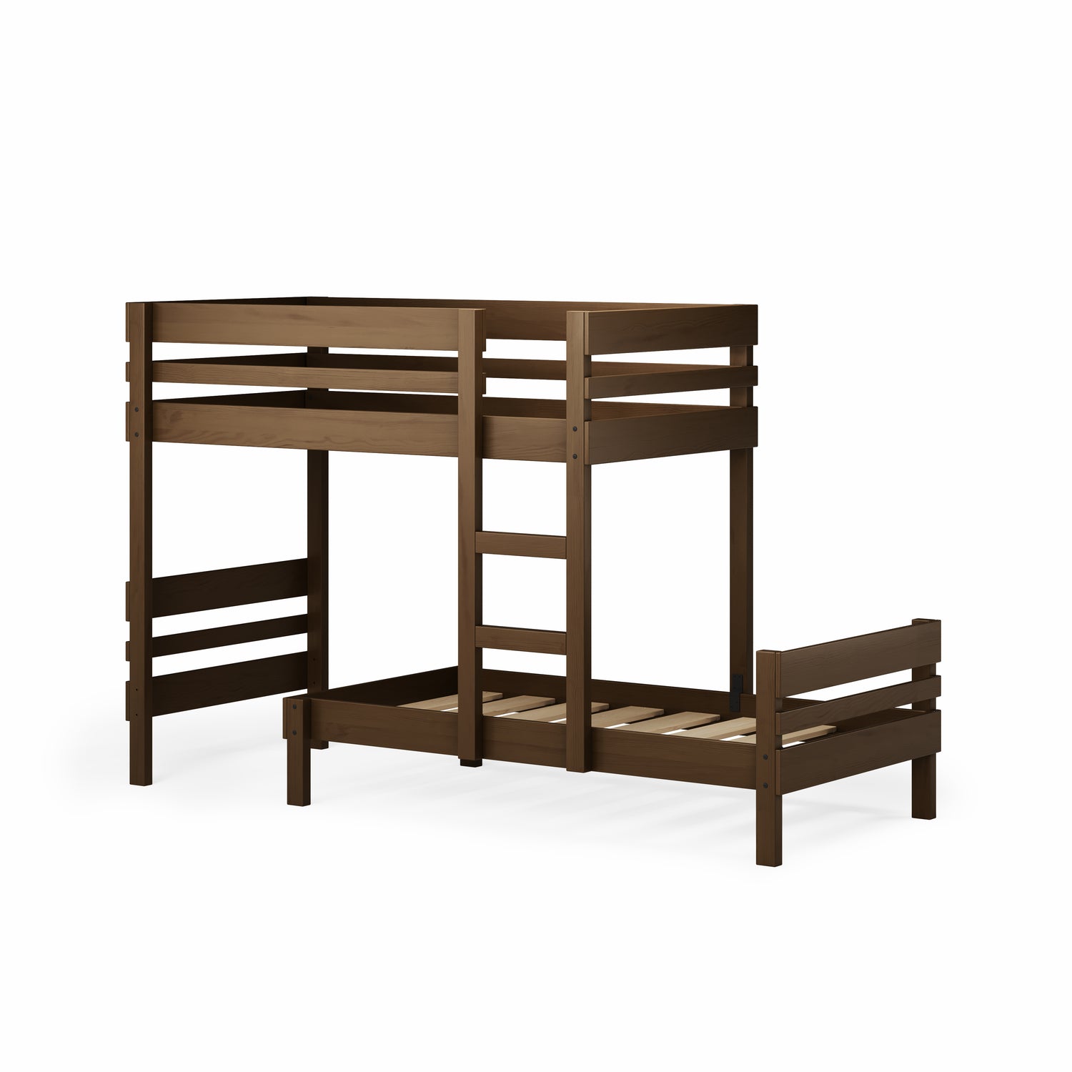 Native elm long-wall bunk bed with upper and lower single beds and integrated ladder.