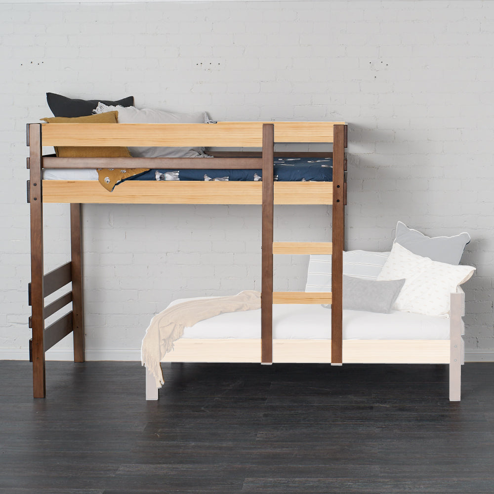 Mid-line loft bed in natural wood with sturdy ladder and safety rail, twin over full size design.