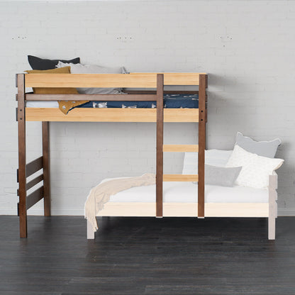 Mid-line loft bed in natural wood with sturdy ladder and safety rail, twin over full size design.