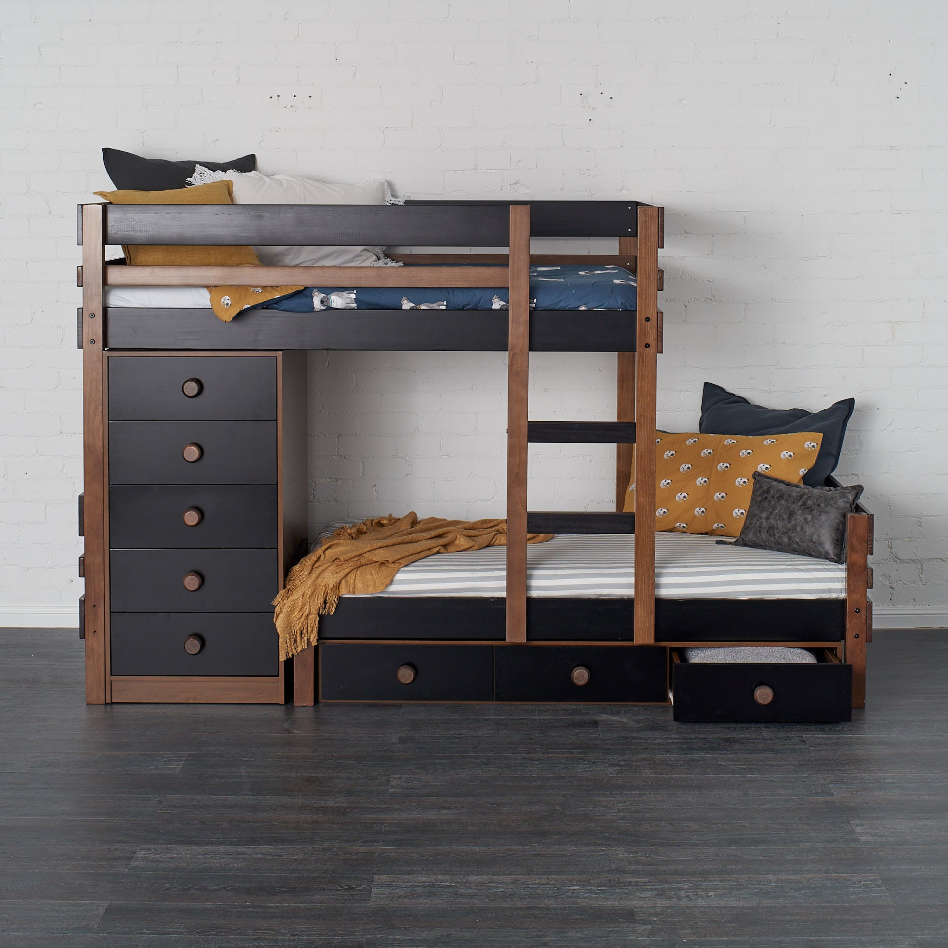 Mid height offset bunk bed with storage chest and under bed drawers 