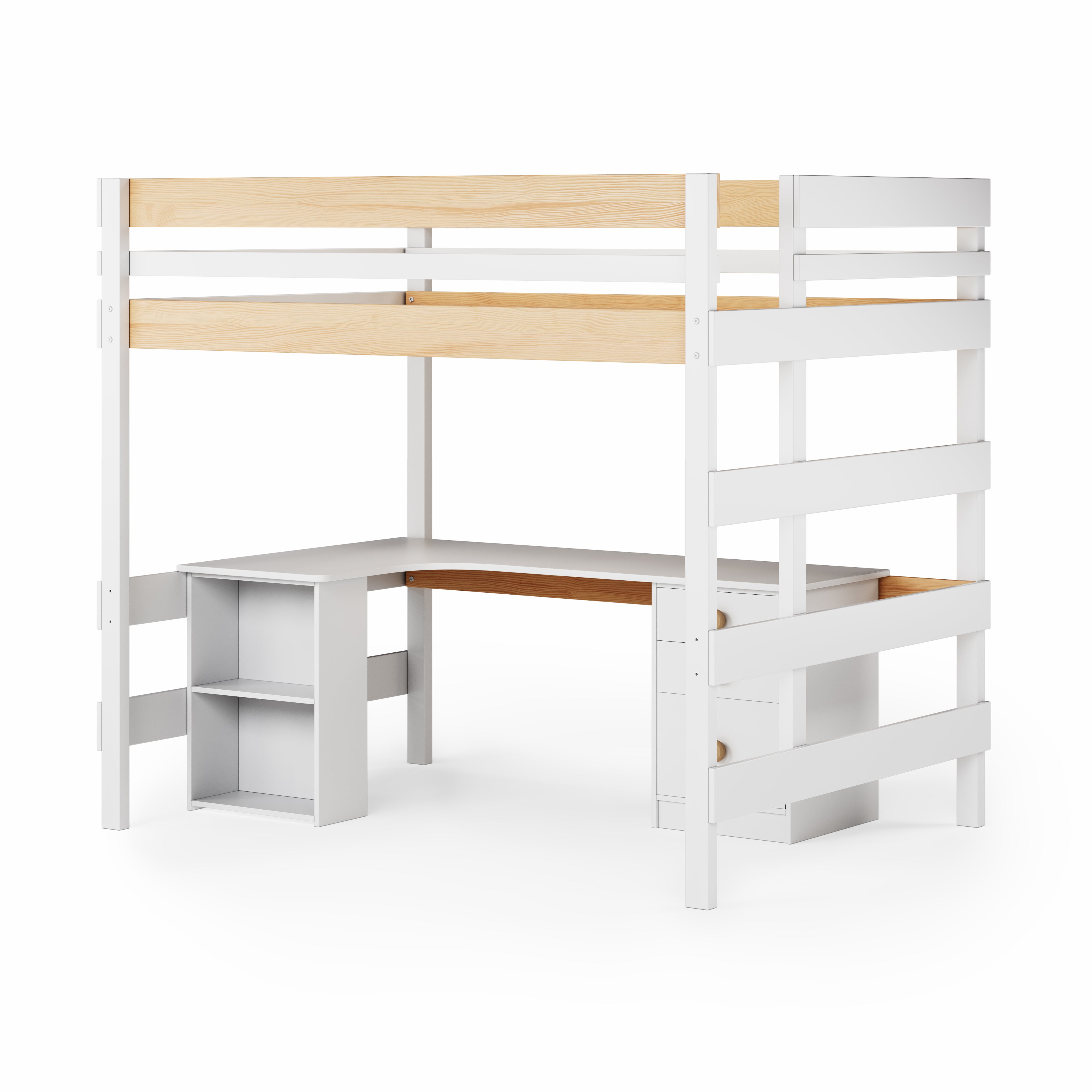 White and clear timer queen loft bed with L-shaped corner desk and below desk shelving unit.