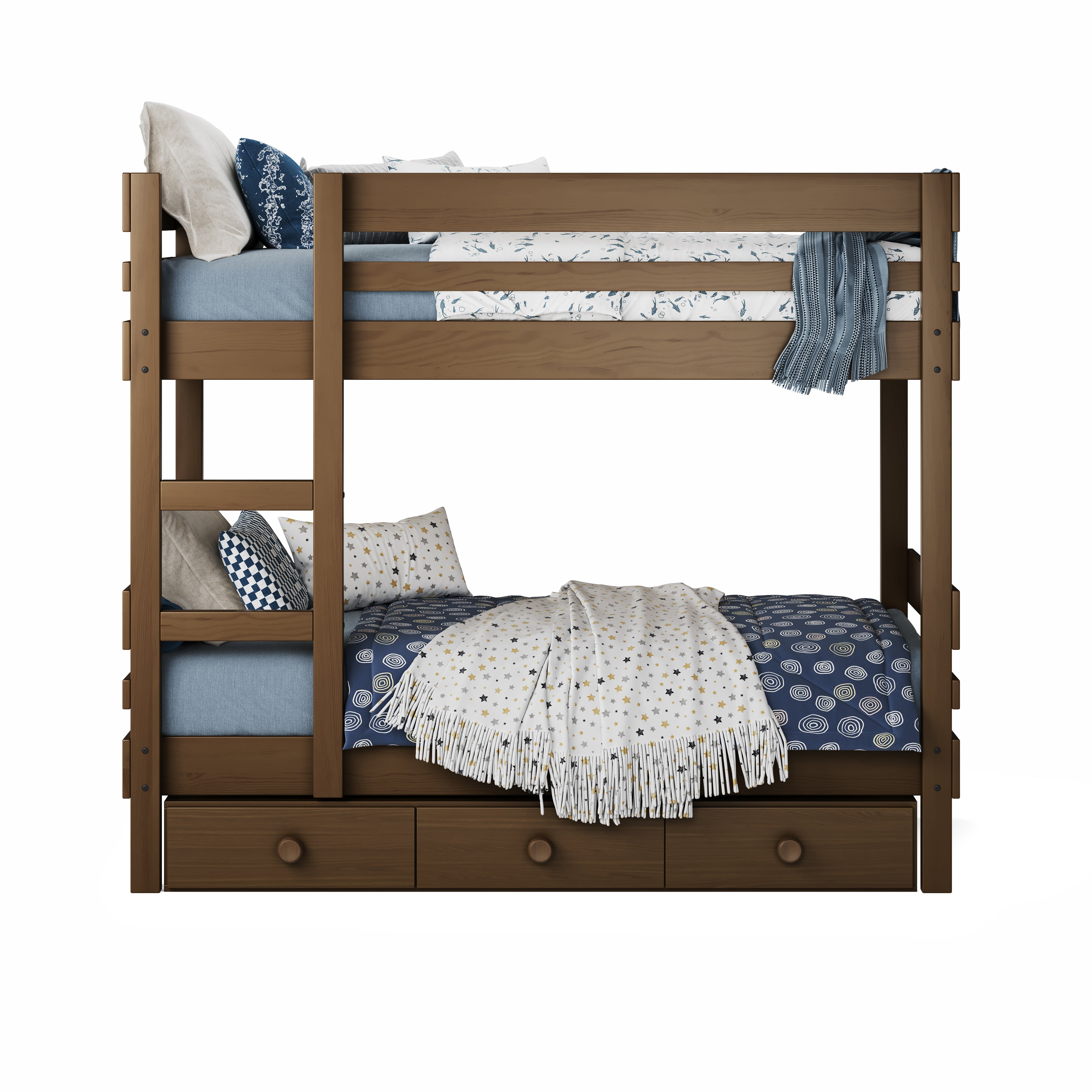 Wooden bunk bed with side ladder access, lower bed with patterned blue bedding, under-bed drawers.